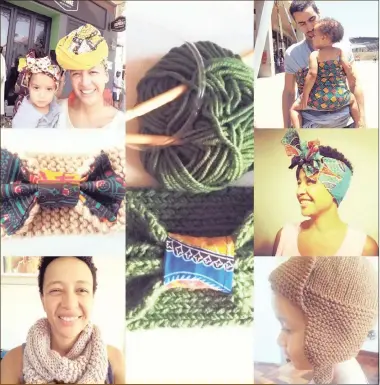  ??  ?? A collage of Kangamama products, including knit-wear, decorative bows, head-wraps, scarfs and the baby-wrap.
