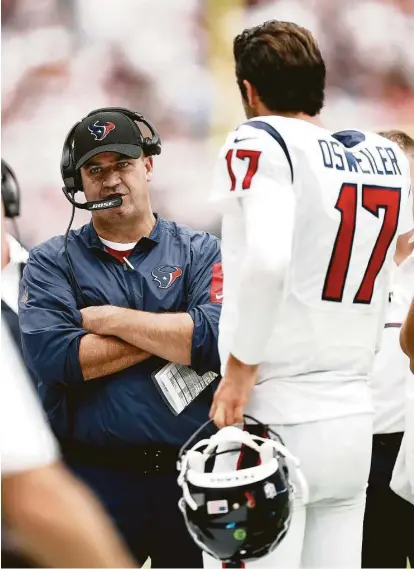  ?? Karen Warren / Houston Chronicle ?? Maybe quarterbac­k Brock Osweiler, right, can help the Texans and coach Bill O’Brien, left, beat the Kansas City Chiefs at NRG Stadium. The Chiefs bounced the Texans from the playoffs and also defeated them in the 2015 opener.