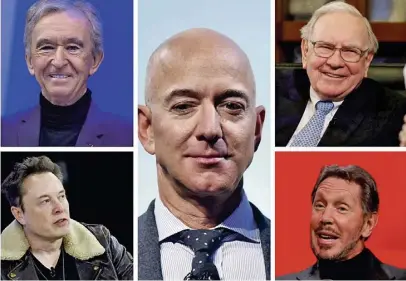 ?? ?? Según Oxfam, a 'nales de noviembre de 2023, los cinco hombres más ricos del mundo eran Elon Musk (inferior izquierda), Bernard Arnault (superior izquierda), Je_f Bezos (centro), Larry Ellison (inferior derecha) y Warren Bu_fet (superior derecha).