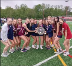  ?? ?? Cardinal O’Hara’s girls track team holds up the plaque after winning the Catohlic League team title for the second year in a row on Saturday. (MediaNews Group photo).
