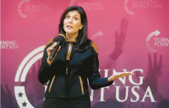  ?? MEG KINNARD/AP 2022 ?? Former U.N. Ambassador Nikki Haley speaks at a Turning Point USA event Nov. 29 at Clemson University in Clemson, S.C. The “parents’ rights” movement and lessons for schoolchil­dren are emerging as 2024 election issues.