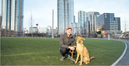  ?? PHOTOS: DON MOLYNEAUX ?? Jesse Vreeken and his rescue dog Billie check out the new 12,000-square-foot off-leash East Village Dog Park.