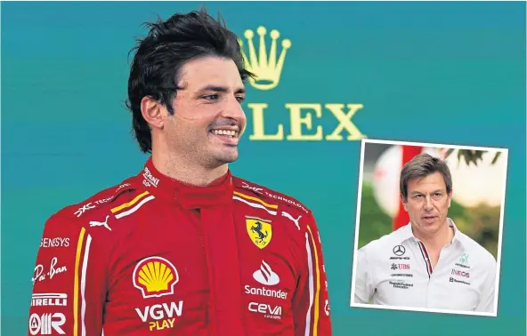  ?? ?? HIGHS AND LOWS: Ferrari’s Carlos Sainz stormed to victory in Melbourne but there was little joy for Toto Wolff, inset, and his Mercedes team.