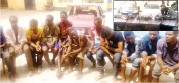  ?? Photo: Clement A. Oloyede ?? Some of the suspects paraded for various crimes by the FCT Police Command. Inset: Recovered exhibits including the 78 surrendere­d gun.