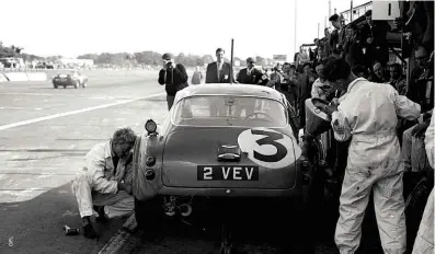  ??  ?? Above and right Sister cars 1 VEV and 2 VEV cause a stir in the paddock at Le Mans in 1961; tyre change in the 1961 TT at Goodwood – the Zagatos used four sets during the race.