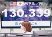  ?? KYODO NEWS ?? A monitor shows the Japanese yen’s exchange rate against the U.S. dollar on April 28 at a currency dealer in Tokyo. The yen has traded recently at 20-year lows.