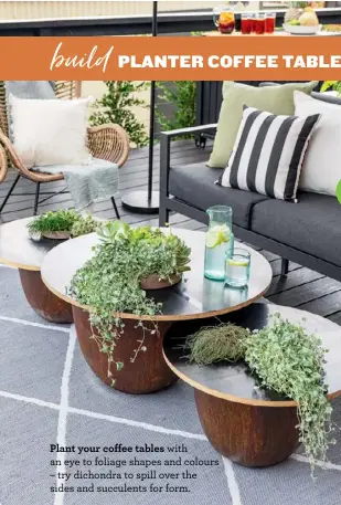  ??  ?? Plant your coffee tables with an eye to foliage shapes and colours – try dichondra to spill over the sides and succulents for form.
