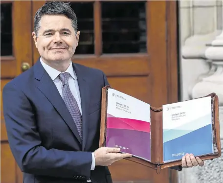  ?? PHOTO: LORRAINE O’SULLIVAN/ REUTERS ?? Straight face: Finance Minister Paschal Donohoe presents Budget 2020 at Government Buildings in Dublin.