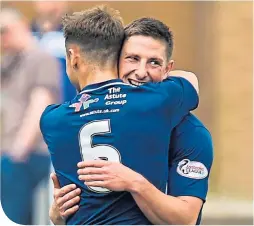  ??  ?? Forfar’s Jordan Kirkpatric­k (right) celebrates his goal with teammate Murray Mackintosh