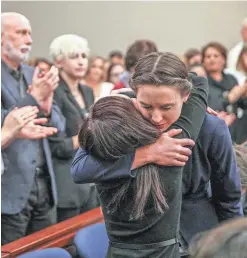  ?? JENNA WATSON/USA TODAY NETWORK ?? Rachael Denholland­er, right, embraces Kaylee Lorincz, survivors of sexual abuse by Larry Nassar, in court Wednesday.