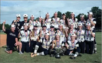  ?? Photos by TIM GODBEE / For the Calhoun Times ?? ( ( Calhoun players and coaches pose for a picture with the Class AAA trophy on Saturday. Teammates meet Lyndi Rae Davis (right) at the plate after her three-run homer vs. Cook.