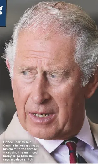  ??  ?? Prince Charles told Camilla he was giving up his claim to the throne — causing the unhinged harpy to go ballistic, says a palace snitch