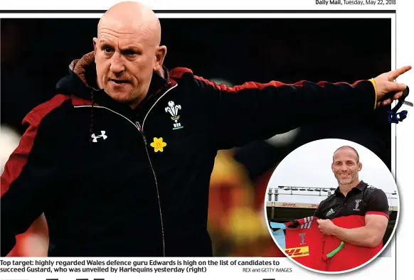  ?? REX and GETTY IMAGES ?? Top target: highly regarded Wales defence guru Edwards is high on the list of candidates­tes to succeed Gustard, who was unveiled by Harlequins yesterday (right)