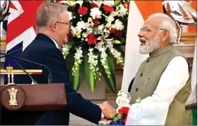  ?? ?? Prime Minister Narendra Modi exchanges greetings with Australian PM Anthony Albanese during a joint press statement, at the Hyderabad House, earlier this year. ANI