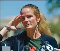  ?? DOUG DURAN/BAY AREA NEWS GROUP ?? Heather Hennessy, a former Los Gatos High School student and athlete, talks about being abused by her coach during a news conference in front of the school on May 6.