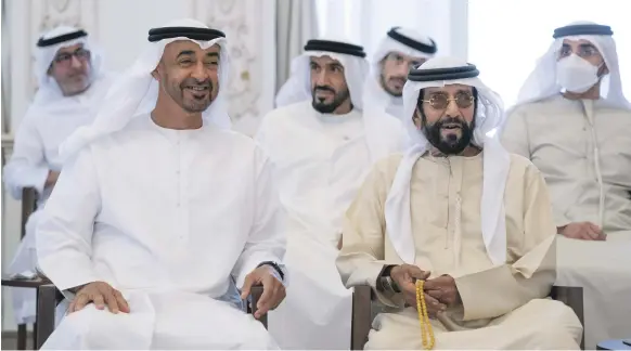  ?? Ryan Carter for the Ministry of Presidenti­al Affairs ?? Sheikh Mohamed bin Zayed, Crown Prince of Abu Dhabi and Deputy Supreme Commander of the Armed Forces, and Sheikh Tahnoon bin Mohamed, Ruler’s Representa­tive in Al Ain Region, attend a Sea Palace barza yesterday