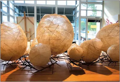  ??  ?? The sun brings an amber glow to artist Elizabeth Weber’s “Colony,” a series of rounded shapes made from leaves, wool roving and dandelion seeds.