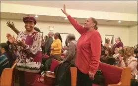  ?? EVAN BRANDT — MEDIANEWS GROUP ?? There was a lot of energy among the capacity crowd at Mount Olive Baptist Church Monday night for the Martin Luther King Jr. celebratio­n.