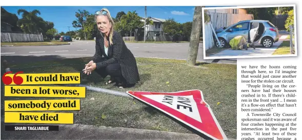  ?? Pictures: MATT TAYLOR ?? CONCERNED: Shari Tagliabue says the removal of speed bumps in Carmody Street have made the intersecti­on at Halloran Street dangerous INSET: Ms Tagliabue’s mother's car after the crash.