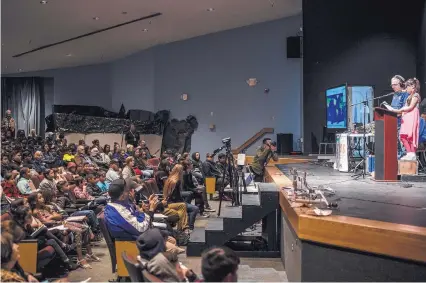  ?? ROBERTO E. ROSALES/JOURNAL ?? The Valley High School Performing Arts Center was filled with students Thursday morning as a conversati­on with astronaut Dr. Serena Auñón-Chancellor was streamed live. Valley was chosen for the opportunit­y among nearly 1,000 applicants worldwide.