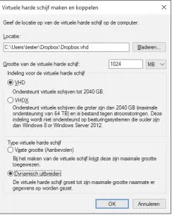  ??  ?? Een nieuwe virtuele harde schijf is met een paar keer klikken gemaakt. Ook met het oudere VHDbestand­sformaat werkt de 'Dynamisch uitbreidba­re' schijf prima.