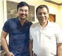  ?? Photo from Rep. Velasco’s Instagram account ?? President Rodrigo Duterte (left) and Marinduque Rep. Lord Allan Velasco.