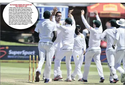  ??  ?? BLOOMING GOOD BOWLING: JubIlant Proteas teammates celebrate with Kyle Abbott after his dismissal of Sri Lanka captain Angelo Mathews for 59 runs during day five of the first Test at St George’s Park, Port Elizabeth, yesterday. PICTURE: BACKPAGEPI­X