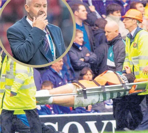  ??  ?? Paul Lambert is stretchere­d off at Ibrox in November, 1999 during an Old Firm clash. Steve Clarke (inset) will hope none of his players suffer a similar fate today