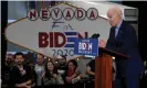  ??  ?? Joe Biden speaks during a Nevada caucus day event at IBEW Local 357 on 22 February 2020 in Las Vegas, Nevada. Photograph: Ethan Miller/Getty Images