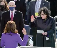  ?? The Associated Press ?? Supreme Court Justice Sonia Sotomayor swears in Kamala Harris as Vice President in Washington.