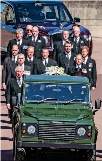  ?? AFP ?? Members of the British Royal family walk behind a vehicle carrying the coffin of Prince Philip, Duke of Edinburgh, during the ceremonial funeral procession to St George’s Chapel in Windsor Castle, west of London, on Saturday. —