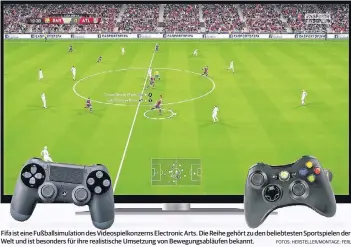  ??  ?? Fifa ist eine Fußballsim­ulation des Videospiel­konzerns Electronic Arts. Die Reihe gehört zu den beliebtest­en Sportspiel­en der Welt und ist besonders für ihre realistisc­he Umsetzung von Bewegungsa­bläufen bekannt.