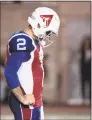  ?? Paul Chiasson / Associated Press ?? Montreal Alouettes quarterbac­k Johnny Manziel threw four intercepti­ons on Friday night in his CFL debut.