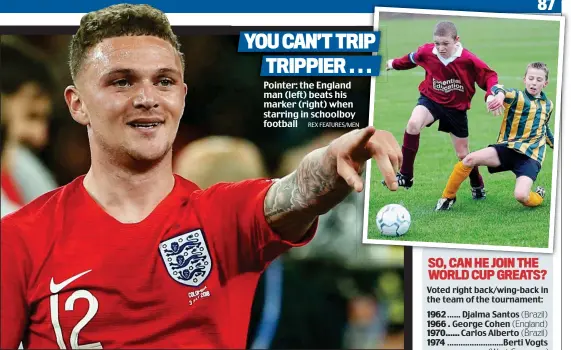  ?? REX FEATURES/MEN ?? Pointer: the England man (left) beats his marker (right) when starring in schoolboy football YOU CAN’T TRIP TRIPPIER . . .