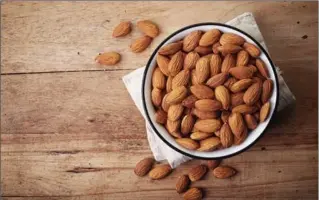  ?? GETTY PHOTOS ?? A one-ounce serving of almonds (¼ cup) has 13 grams of “good” monounsatu­rated fat.