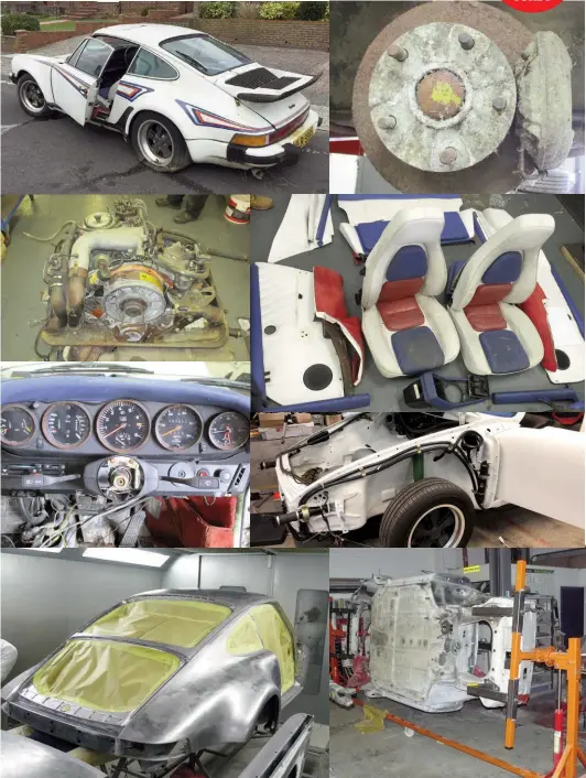  ??  ?? Clockwise from top left: As found, after almost two decades of languishin­g in a garden, the Turbo looked a sorry sight, with flat tyres, locked brakes and rust around the edges; years of standing on damp grass had done the original brakes no good at all – check the condition of the original ‘S’ style aluminium calipers and front hubs; the interior was all there and largely intact, but damp had done its worst, meaning there was no option but to carry out a full restoratio­n. Fortunatel­y, enough of the original material remained to allow a perfect match. The real breakthrou­gh was locating a supply of the exact same leather in red, white and blue; as reassembly took place, you could almost hear the neglected Turbo sigh with relief at the promise of a new life with a caring owner; incredibly, bearing in mind how the car had sat on grass for so long, the floorpan proved to be remarkably sound. Considerin­g this is a sunroof model, it’s surprsing that the interior hadn’t filled with rain water over the years; every body panel is original to the car, with only localised rust repairs necessary; the dashboard ‘as found’, with the odometer showing the low mileage of 62,622; the original engine and drivetrain survived, but was in a sorry state…