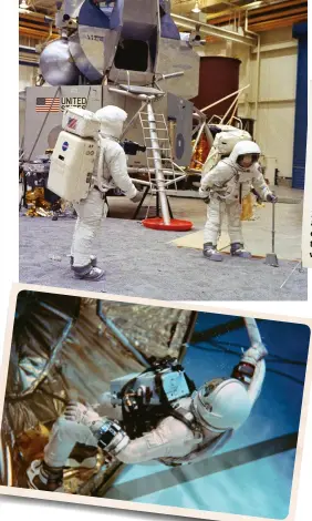  ??  ?? Left: Armstrong and Aldrin train on a fake lunar surface ahead of the historic lunar landing Below:
Every part of the mission was practised over and over to ensure that the astronauts were ready