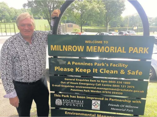  ??  ?? ●●Coun Neil Butterwort­h at Milnrow Memorial Park, after it was announced the car park is to get £12,700 worth of repairs