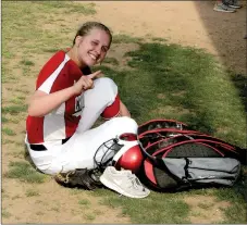  ?? MARK HUMPHREY ENTERPRISE-LEADER ?? Farmington senior outfielder Camryn Journgan gives a No. 1 sign following a state tournament win. The Lady Cardinals beat Magnolia 5-4 Thursday, Paragould, 7-0, Friday, and De Queen (8-3) Saturday to advance into this week’s State 5A finals. The...