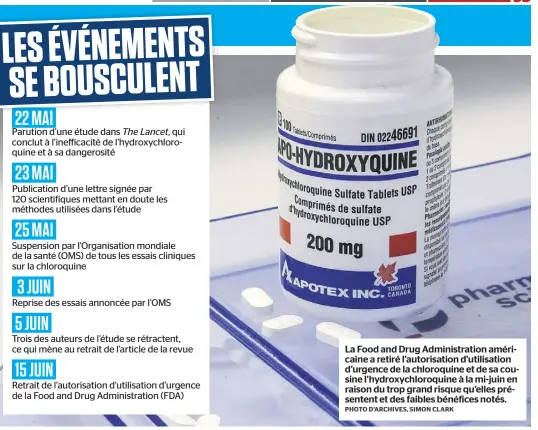  ?? PHOTO D’ARCHIVES, SIMON CLARK ?? La Food and Drug Administra­tion américaine a retiré l’autorisati­on d’utilisatio­n d’urgence de la chloroquin­e et de sa cousine l’hydroxychl­oroquine à la mi-juin en raison du trop grand risque qu’elles présentent et des faibles bénéfices notés.