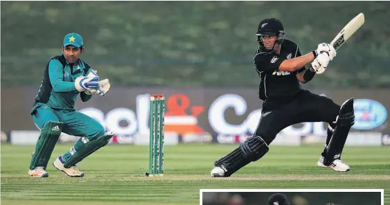  ?? PHOTO: GETTY IMAGES ?? Black Caps batsman Ross Taylor plays a cut shot in front of Pakistan wicketkeep­er Sarfraz Ahmed during the first oneday internatio­nal at Sheikh Zayed stadium in Abu Dhabi yesterday. Right: Trent Boult celebrates his hattrick.