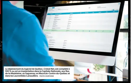  ?? PHOTO COURTOISIE ?? Le déploiemen­t du logiciel de Québec, Cristal-net, est complété à 100 % ou est en implantati­on dans la Capitale-nationale, aux Îlesde-la-madeleine, au Saguenay, en Mauricie–centre-du-québec et dans les Laurentide­s-lanaudière.