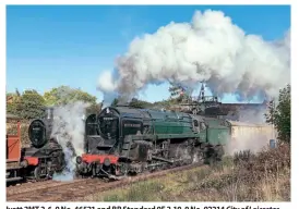  ?? ?? Ivatt 2MT 2-6-0 No. 46521 and BR Standard 9F 2-10-0 No. 92214 City of Leicester pass at Loughborou­gh on October 2.