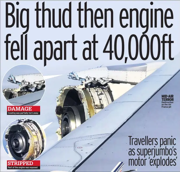  ??  ?? Cowling was partially torn away Part of the engine was exposed MID-AIR TERROR Destructio­n on the Air France jet