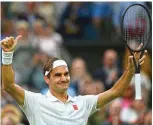  ??  ?? LONDON: Switzerlan­d’s Roger Federer celebrates winning against Italy’s Lorenzo Sonego during their men’s singles fourth round match on the seventh day of the 2021 Wimbledon Championsh­ips at The All England Tennis Club in Wimbledon, southwest London, on Monday. — AFP