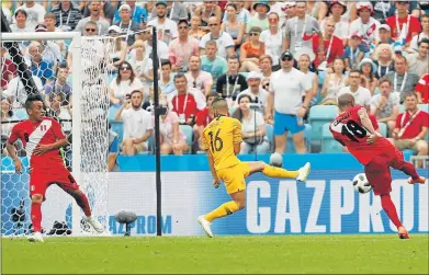  ?? Picture: REUTERS ?? SHEER JOY: Peru’s Andre Carrillo scores their first goal against Australia at the Fisht Stadium in Sochi, Russia yesterday