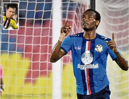  ??  ?? Reason to rejoice: Uche Agba celebrates after scoring Police’s first goal against Selangor in the Malaysia Cup match on Tuesday. His teammate Lee Chang-hoon (inset) netted the equaliser in the match which ended 2-2 — Bernama