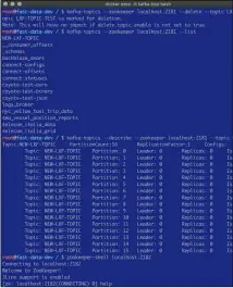  ??  ?? Figure 3: The use of some administra­tive commands that enable you to delete an existing Kafka topic, print informatio­n about a topic and connect to the Zookeeper shell.