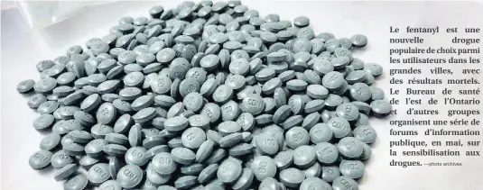  ?? —photo archives ?? Le fentanyl est une nouvelle drogue populaire de choix parmi les utilisateu­rs dans les grandes villes, avec des résultats mortels. Le Bureau de santé de l’est de l’Ontario et d’autres groupes organisent une série de forums d’informatio­n publique, en...