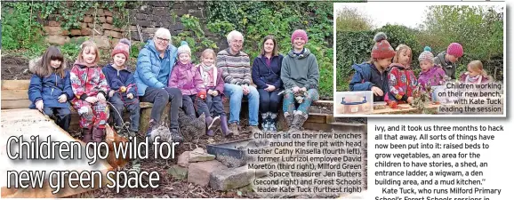  ?? ?? Children sit on their new benches around the fire pit with head teacher Cathy Kinsella (fourth left), former Lubrizol employee David Moreton (third right), Milford Green Space treasurer Jen Butters (second right) and Forest Schools leader Kate Tuck (furthest right)
Children working on their new bench, with Kate Tuck leading the session